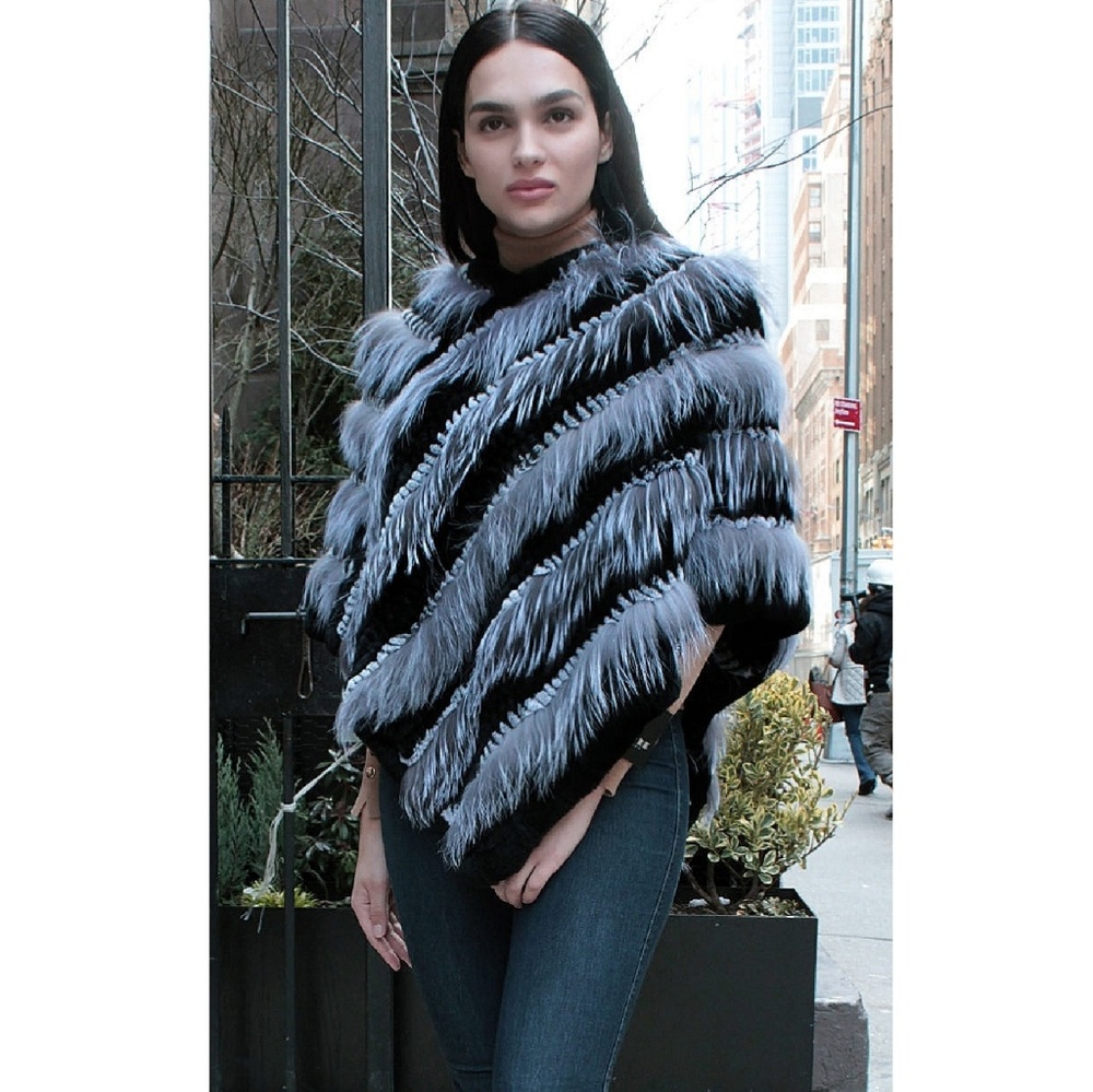Silver Fox black Rex Rabbit Fur Poncho - Picture 3 of 4